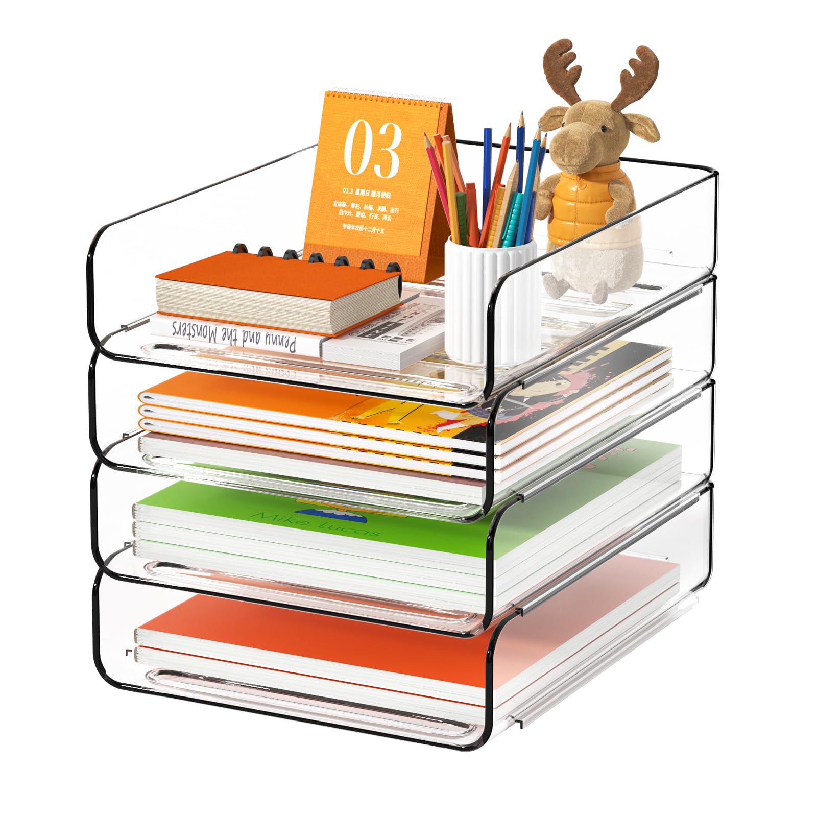 FANXIYQ 4-Tier Acrylic Paper Tray Organizer, Clear Stackable Desk File Organizer for Documents