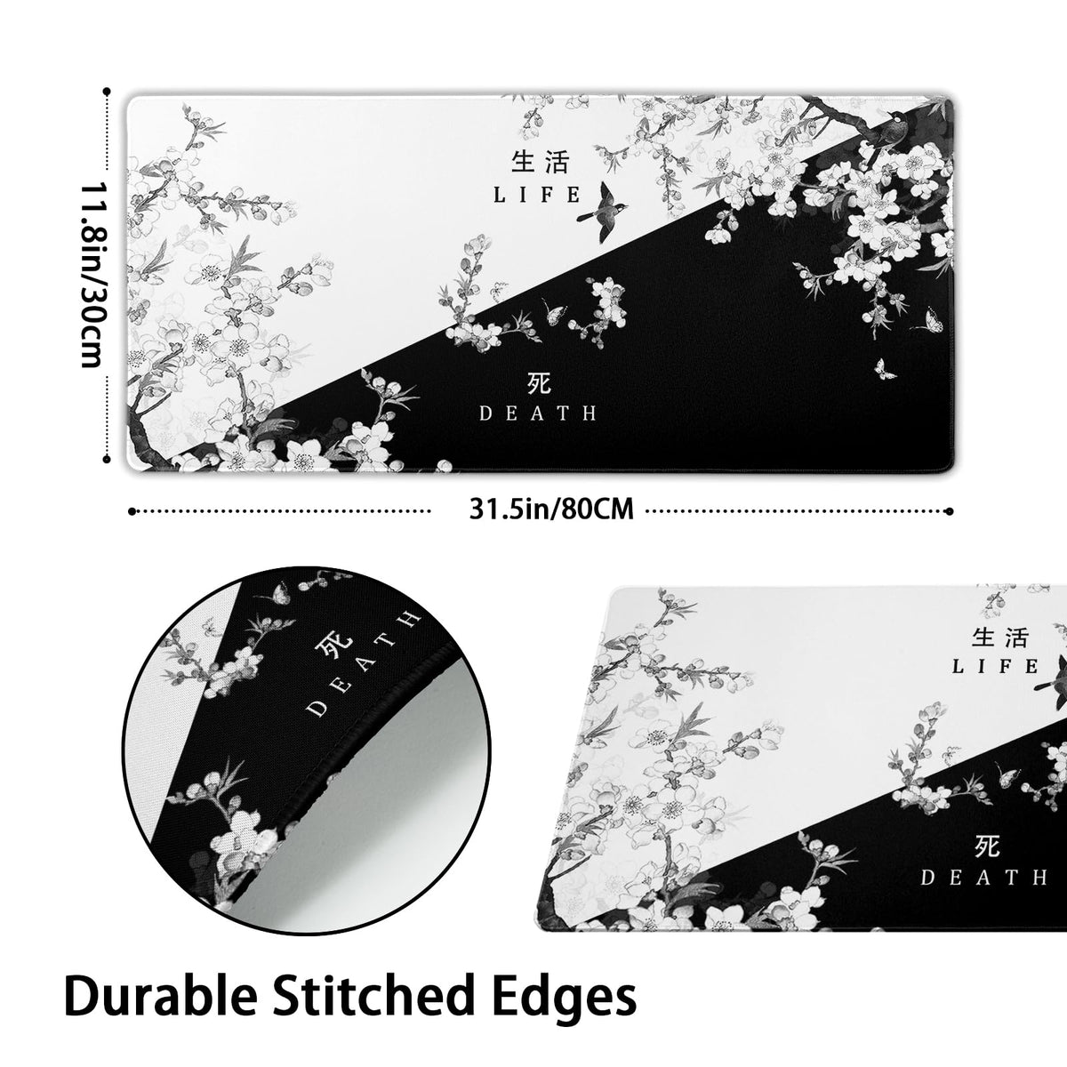 Black and White Cherry Blossom Gaming Mouse Pad XL，Large Mouse Pad Japanese Sakura Death Life Mouse