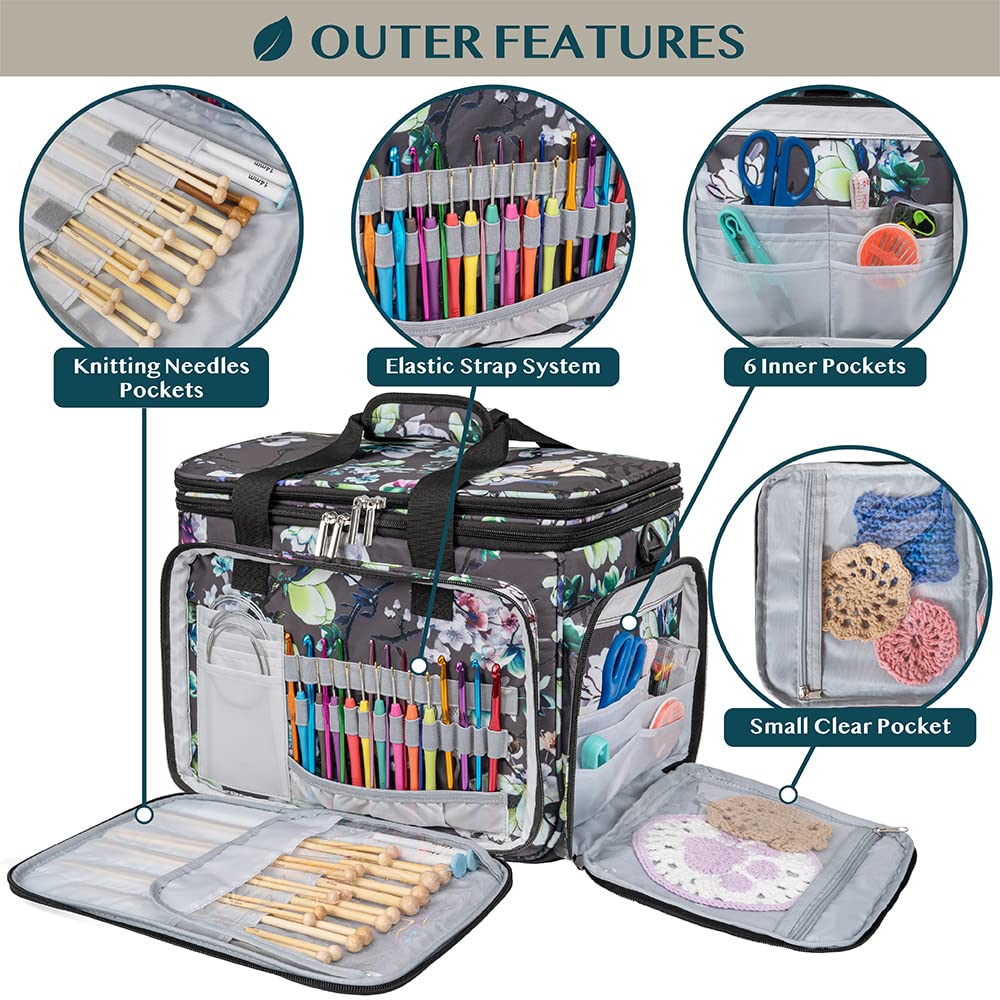 PAVILIA Knitting Yarn Storage Bag Crochet Knitter Organizer, Floral Grey