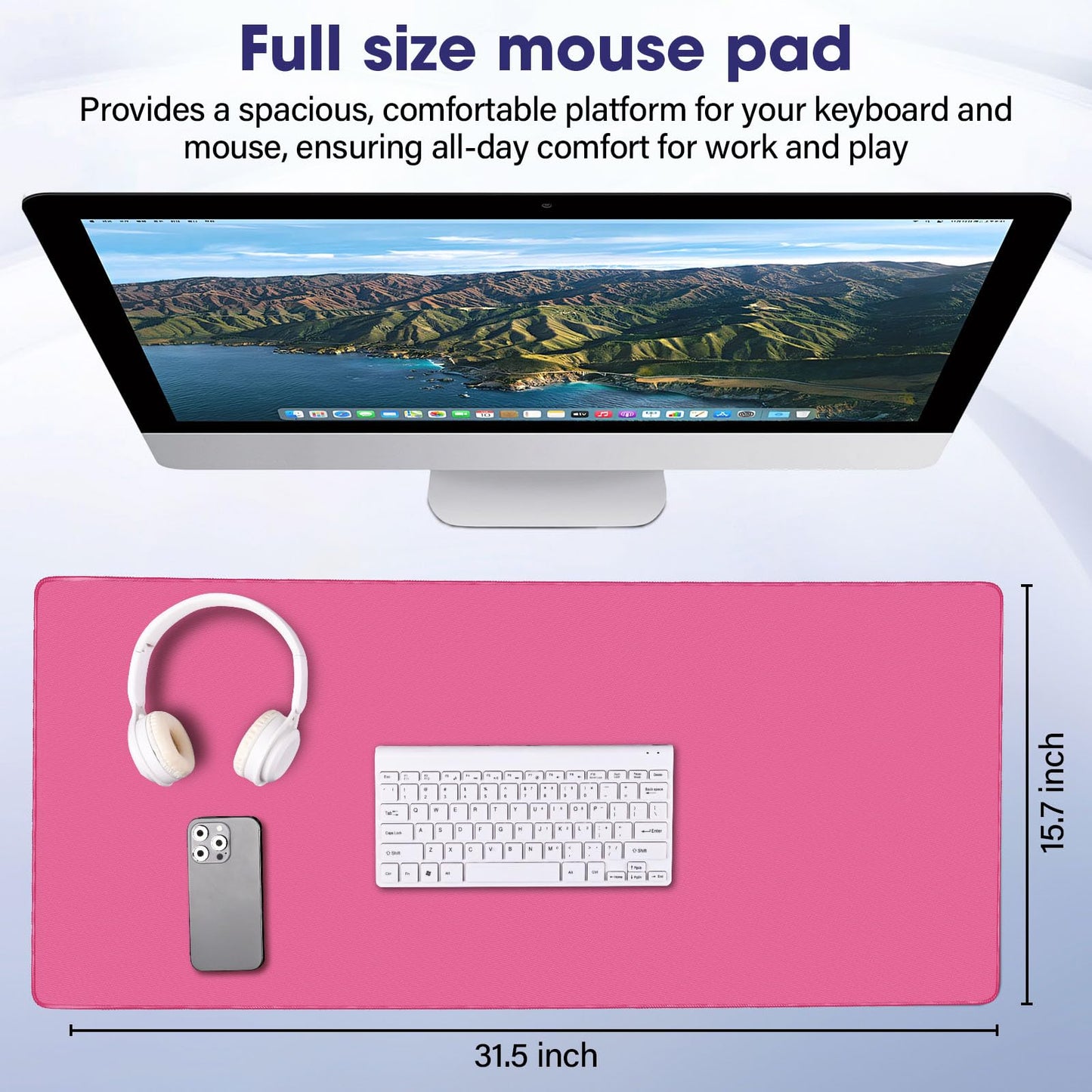 31.5" x 15.7" Waterproof Fabric Gaming Mouse Pad, Rubber Anti-Slip,Rose Red