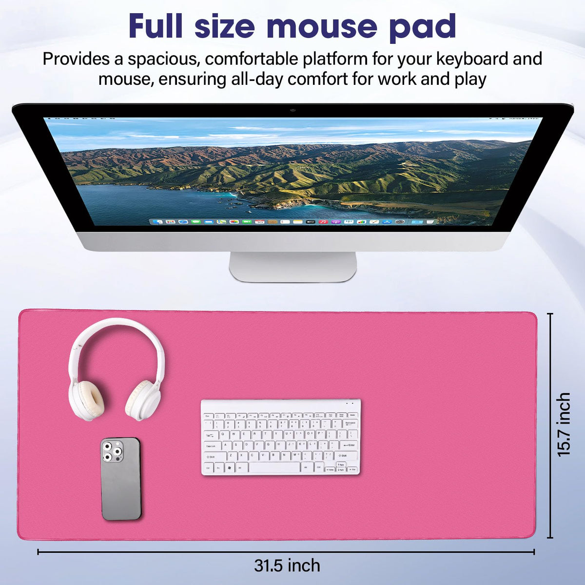 31.5" x 15.7" Waterproof Fabric Gaming Mouse Pad, Rubber Anti-Slip,Rose Red