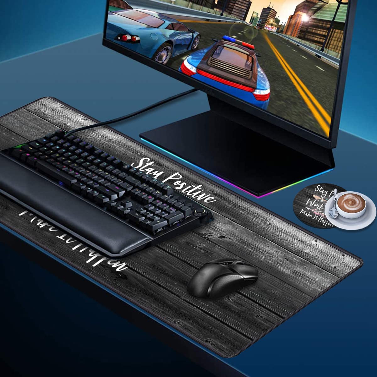 Desk Pad Gaming Mouse Pads with Coasters, Stay Positive Work Hard and Make It Happen Pattern