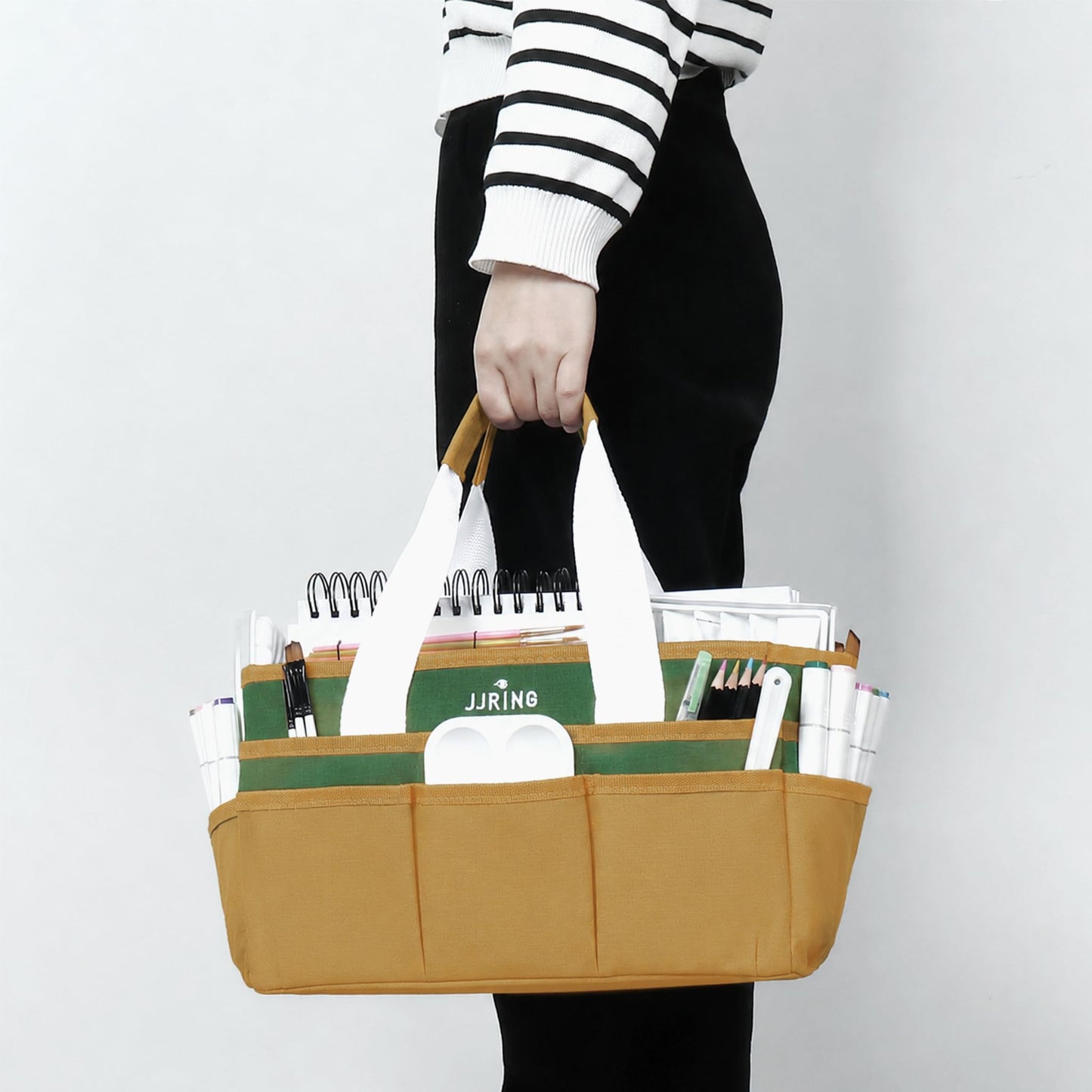 JJRING Craft Organizer Tote Bag Art Storage Caddy Deep Green and Yellow
