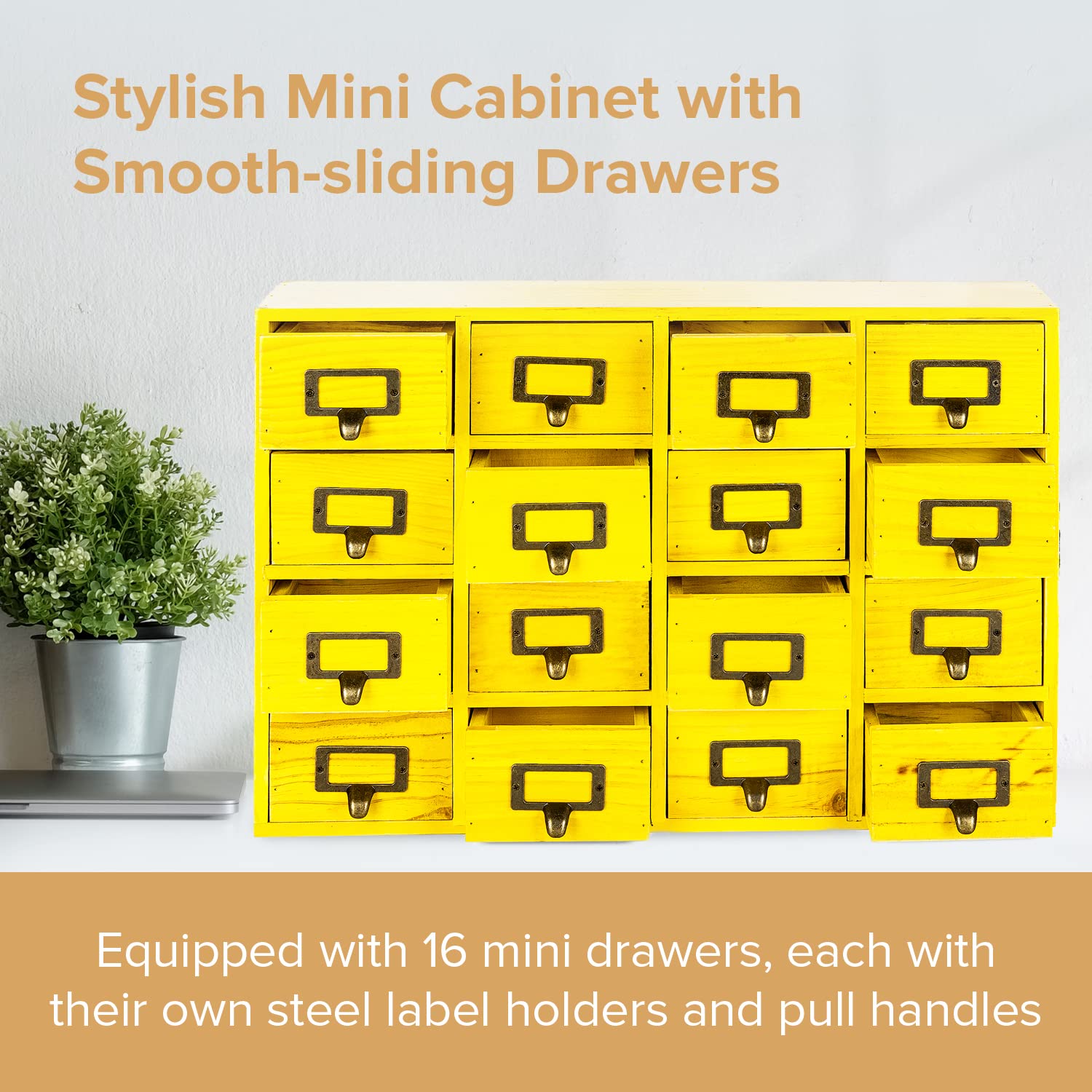 Yellow 16-Slot Wooden Drawer Unit - Country Style Desk Organizer - 20"x3.6”x14” Wooden Storage Box