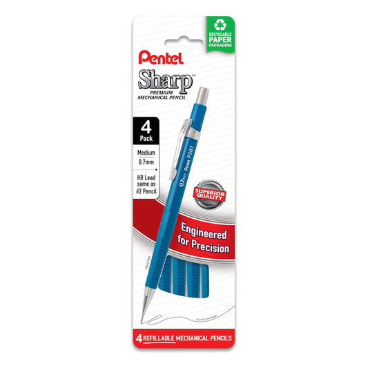 Pentel Sharp Mechanical Pencil, (0.7mm), Medium Line, Blue Barrel, Pack of 4 (P207PF4C)