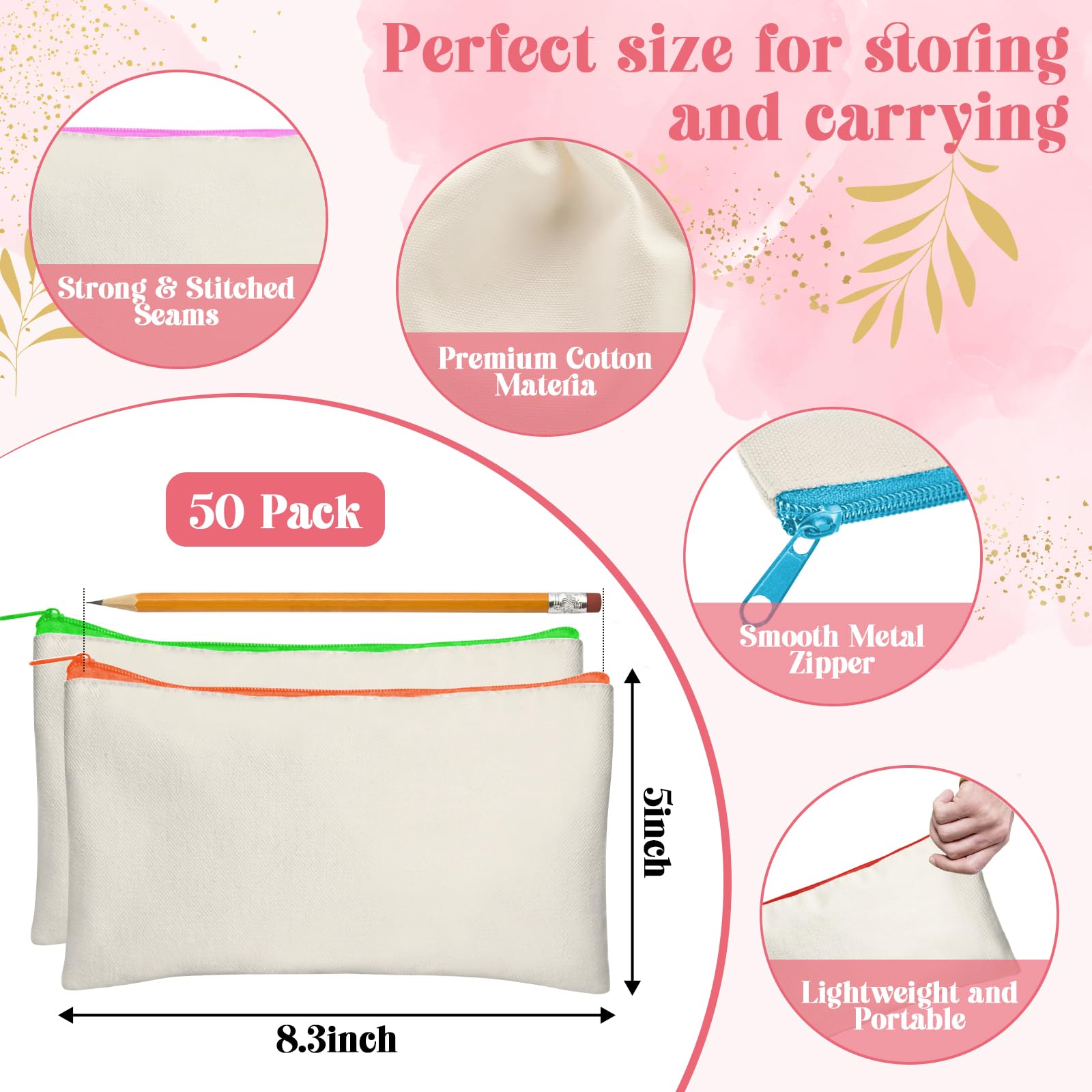 Legigo 50 Pack Blank DIY Craft Bag Canvas Pen Case Blank Makeup Bags - Canvas Pencil Bag Cotton