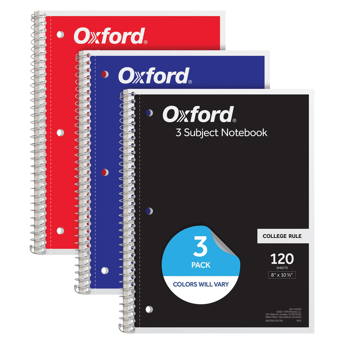 Oxford Spiral Notebooks, 3 Pack, 3 Subject, College Ruled Notebooks for School, 8 x 10.5 Inches