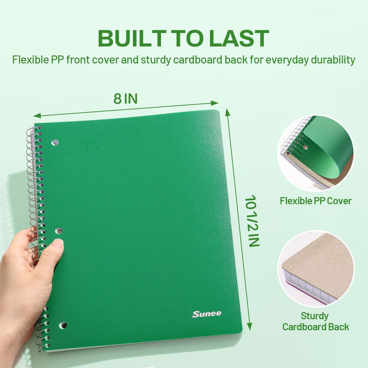SUNEE Spiral Notebook, 1-Subject, College Ruled Paper, 8" x 10-1/2", 100 Sheets per Notebook