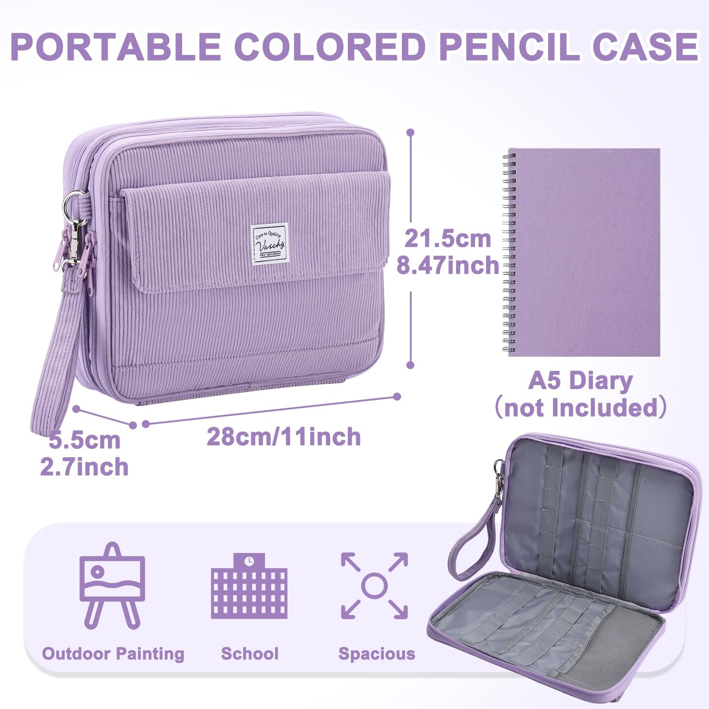 VASCHY Colored Pencil Case, Corduroy Large Pencil Pouch for Art Pens Markers Gel Pens Big Holder