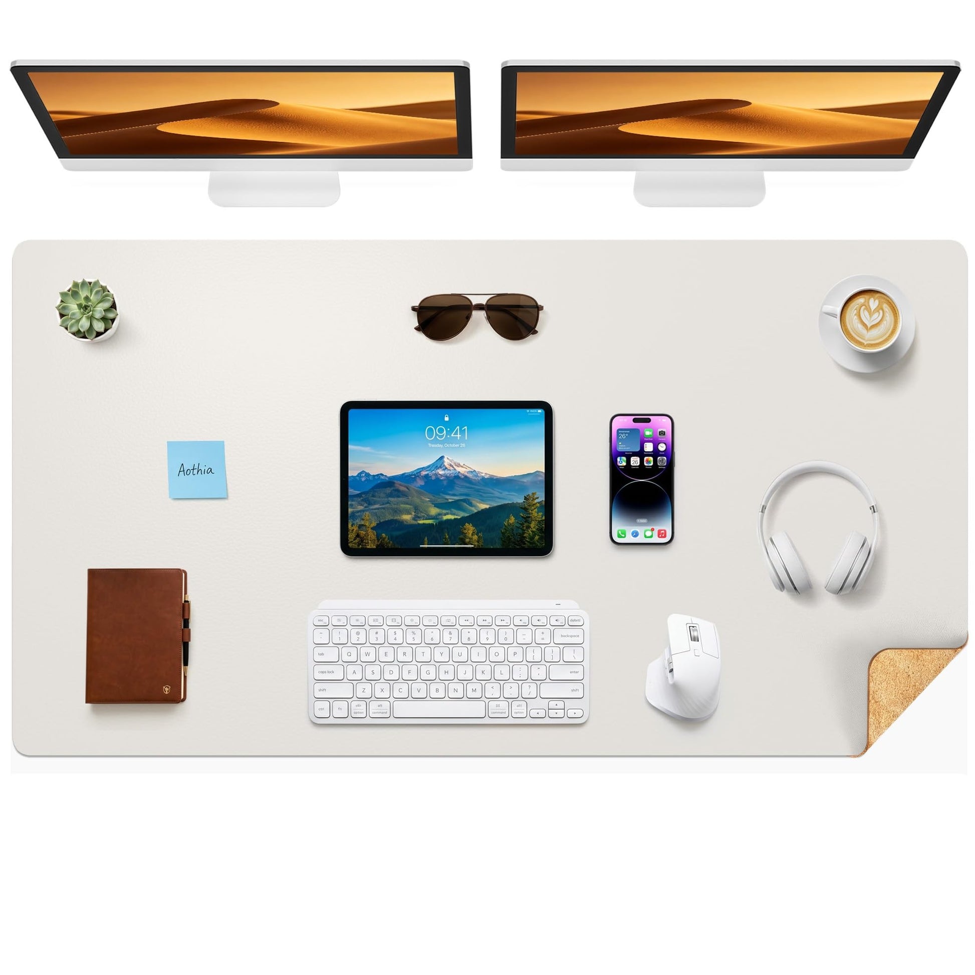Aothia Cork Desk Mat - Dual-Sided XL PU Leather Desk Pad & Full Desk Protector, Large Waterproof