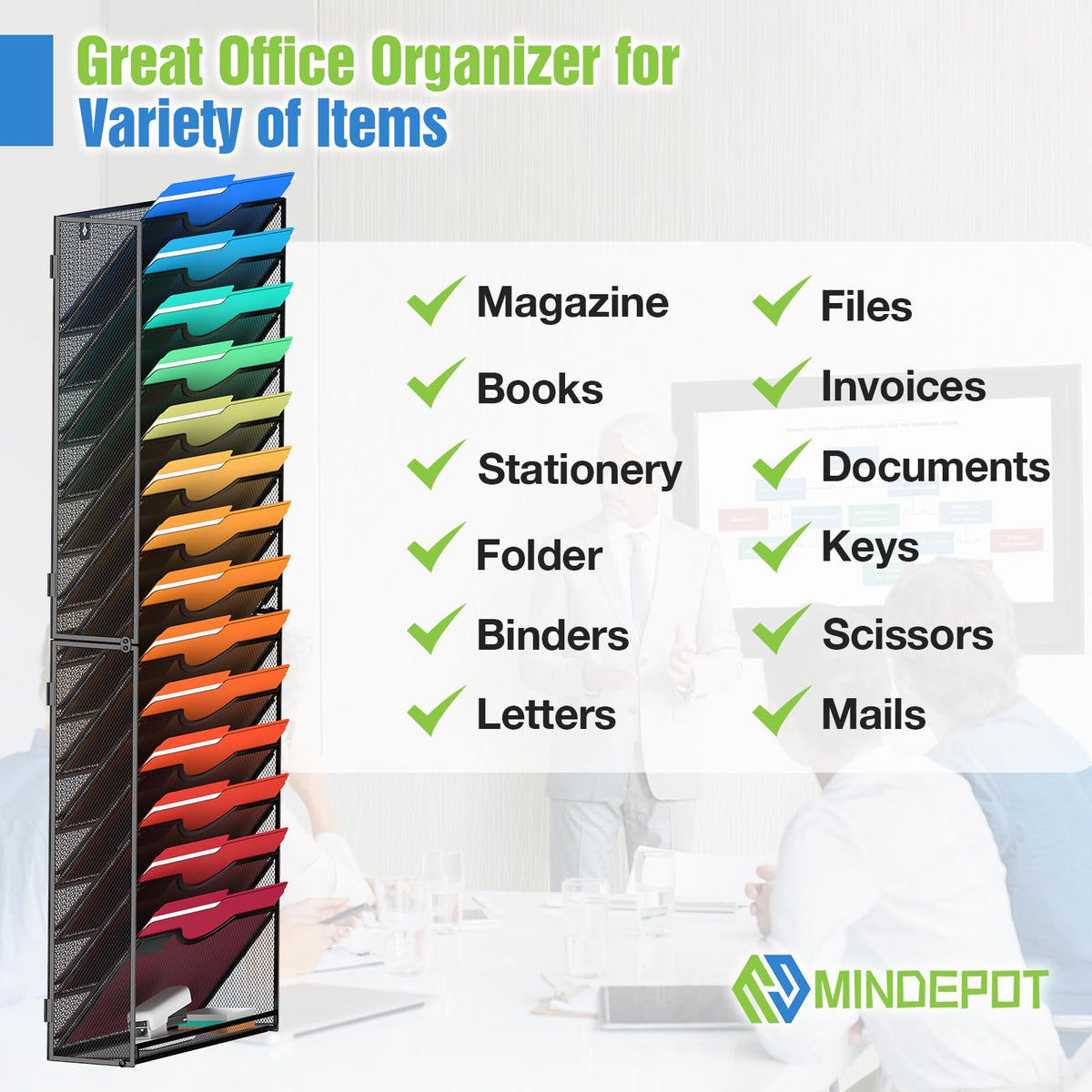 MINDEPOT 15 Tier Wall File Holder Hanging Wall Mount Paper File Organizer for Mails Folders