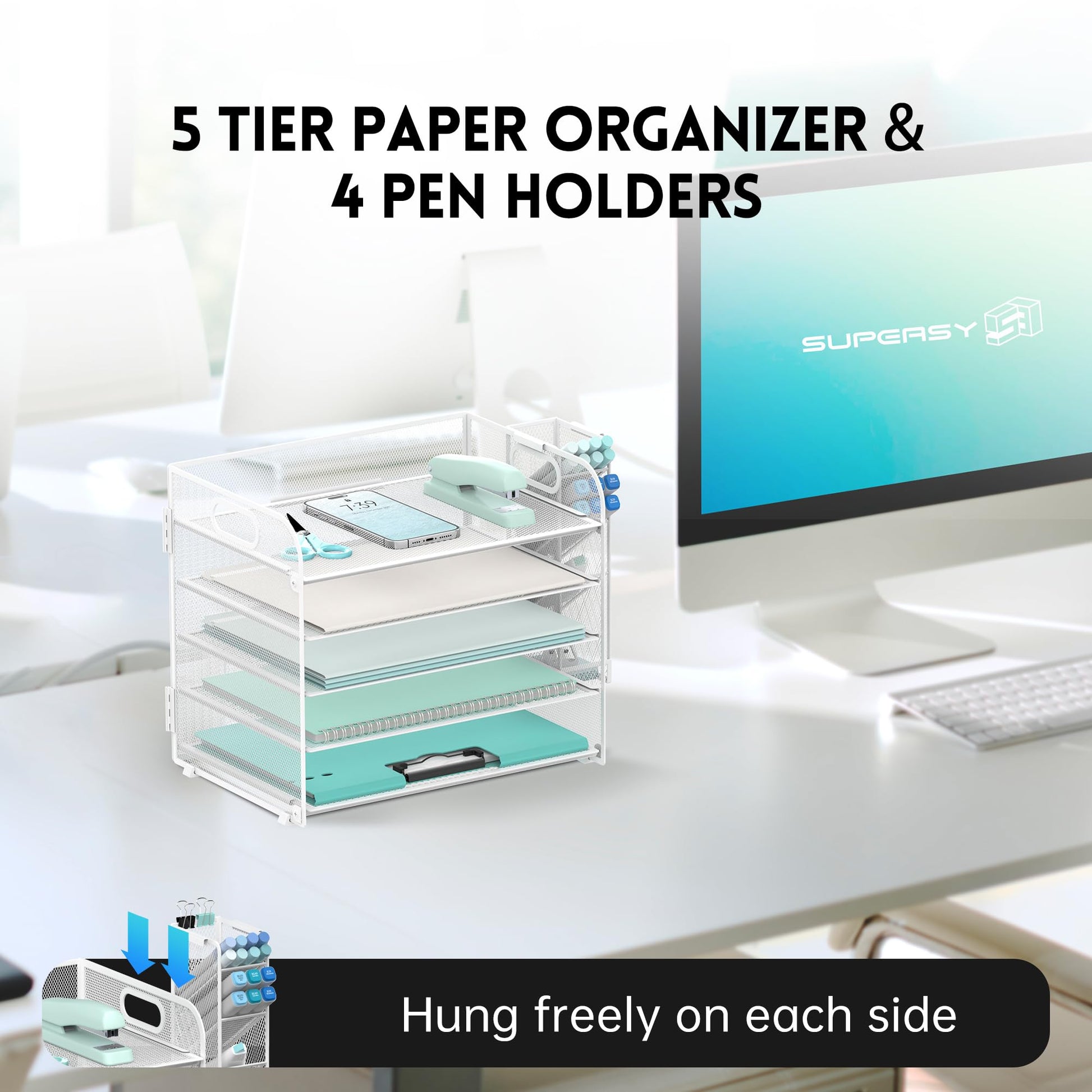 5-Tier Paper Organizer for Desk with Pen Holders, Letter Trays, White
