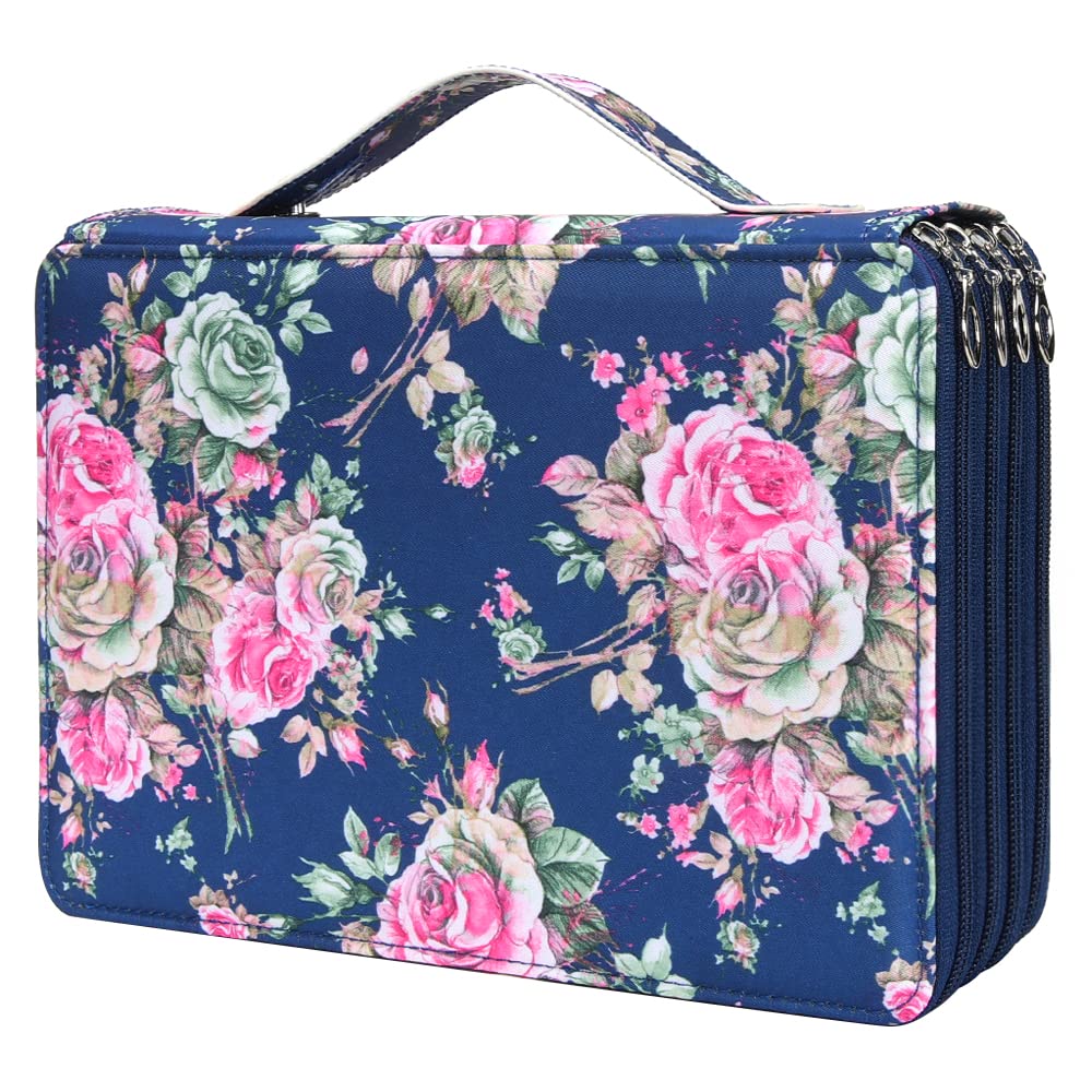 Vomgomfom 200 Slots Pencil Case 4-Layer PU Leather, Handle, Blue Rose