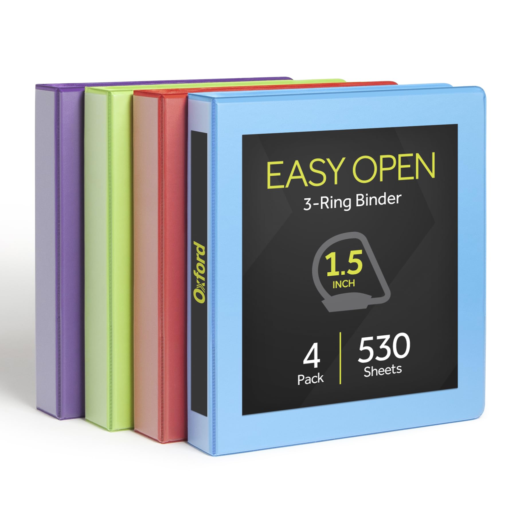 Oxford 1.5 Inch Binders, 4 Pack, 3 Ring Binder, ONE-Touch Easy Open D-Rings, Holds 375 Sheets