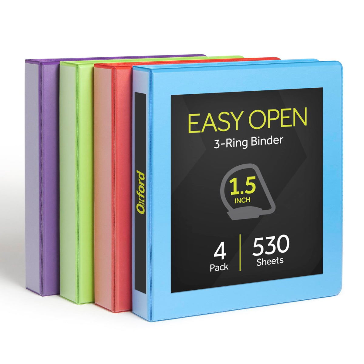 Oxford 2 Inch Binders, 4 Pack, 3 Ring Binder, ONE-Touch Easy Open D-Rings, Holds 530 Sheets