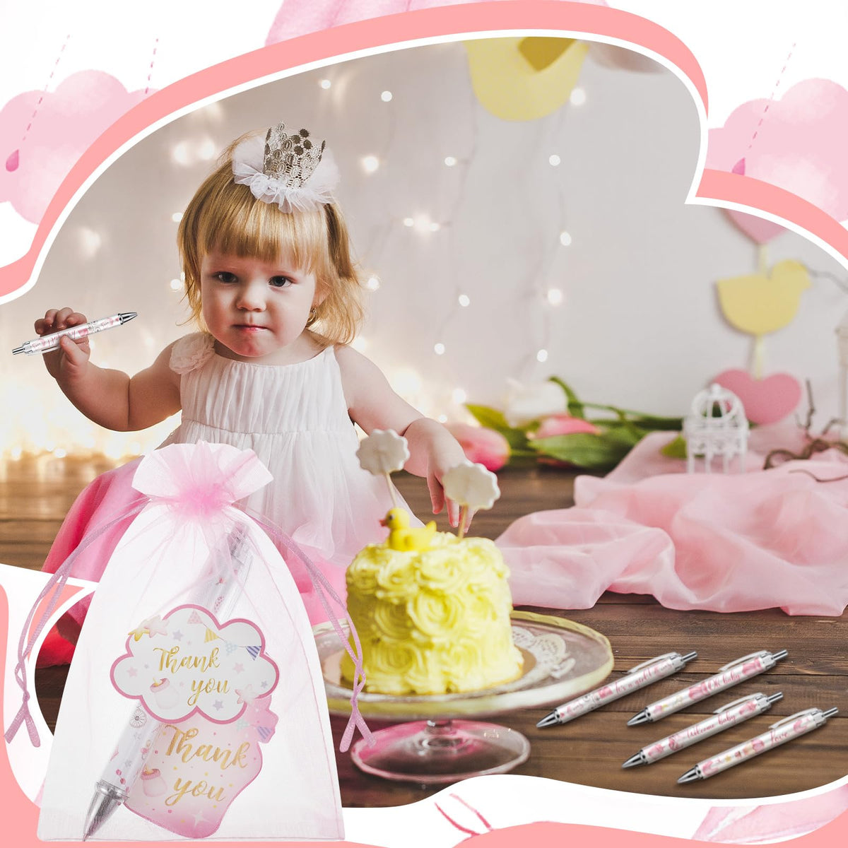 Chuangdi 50 Sets Pink Baby Shower Favors for Guests – 50 Ballpoint Pens with Organza Gift Bags &