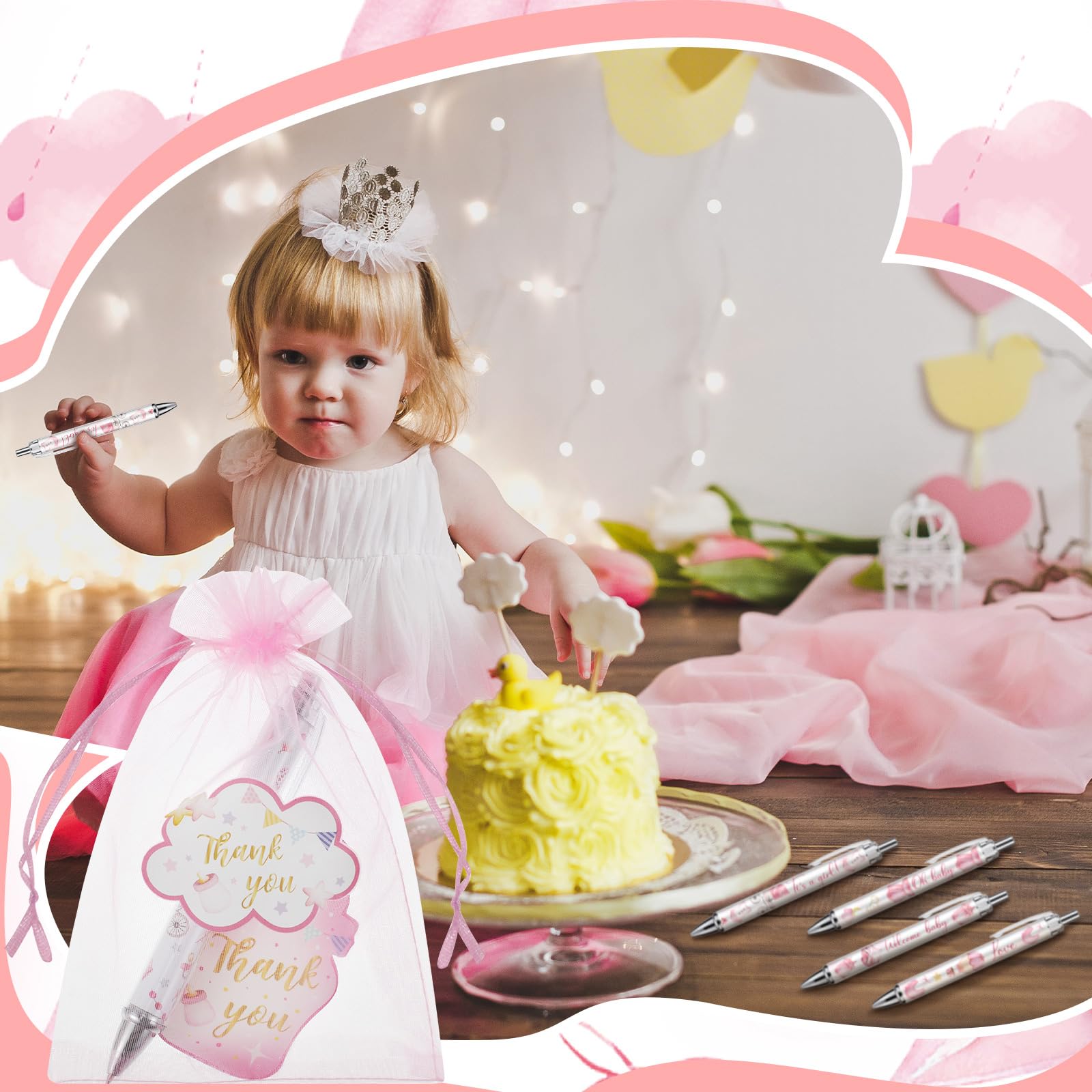 Chuangdi 50 Sets Pink Baby Shower Favors for Guests – 50 Ballpoint Pens with Organza Gift Bags &