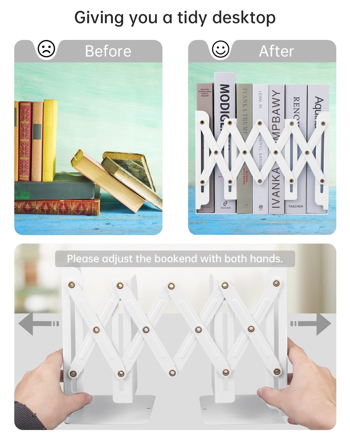 Honagu Adjustable Bookends, Metal Book Ends for Shelves Heavy Book