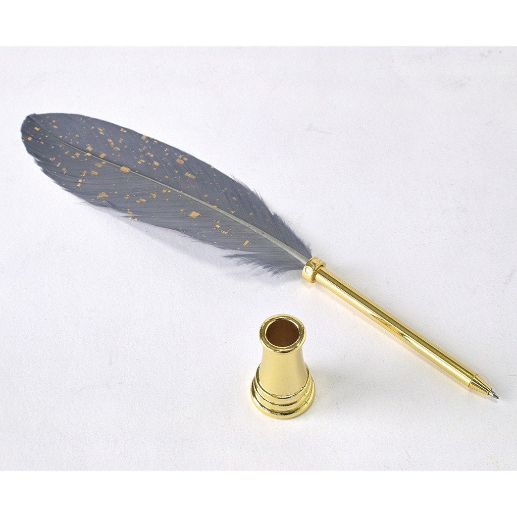 SPICE OF LIFE Feather Quill Pen & Stand Holder - Sparkling Grey - Ballpen Set, Office/School