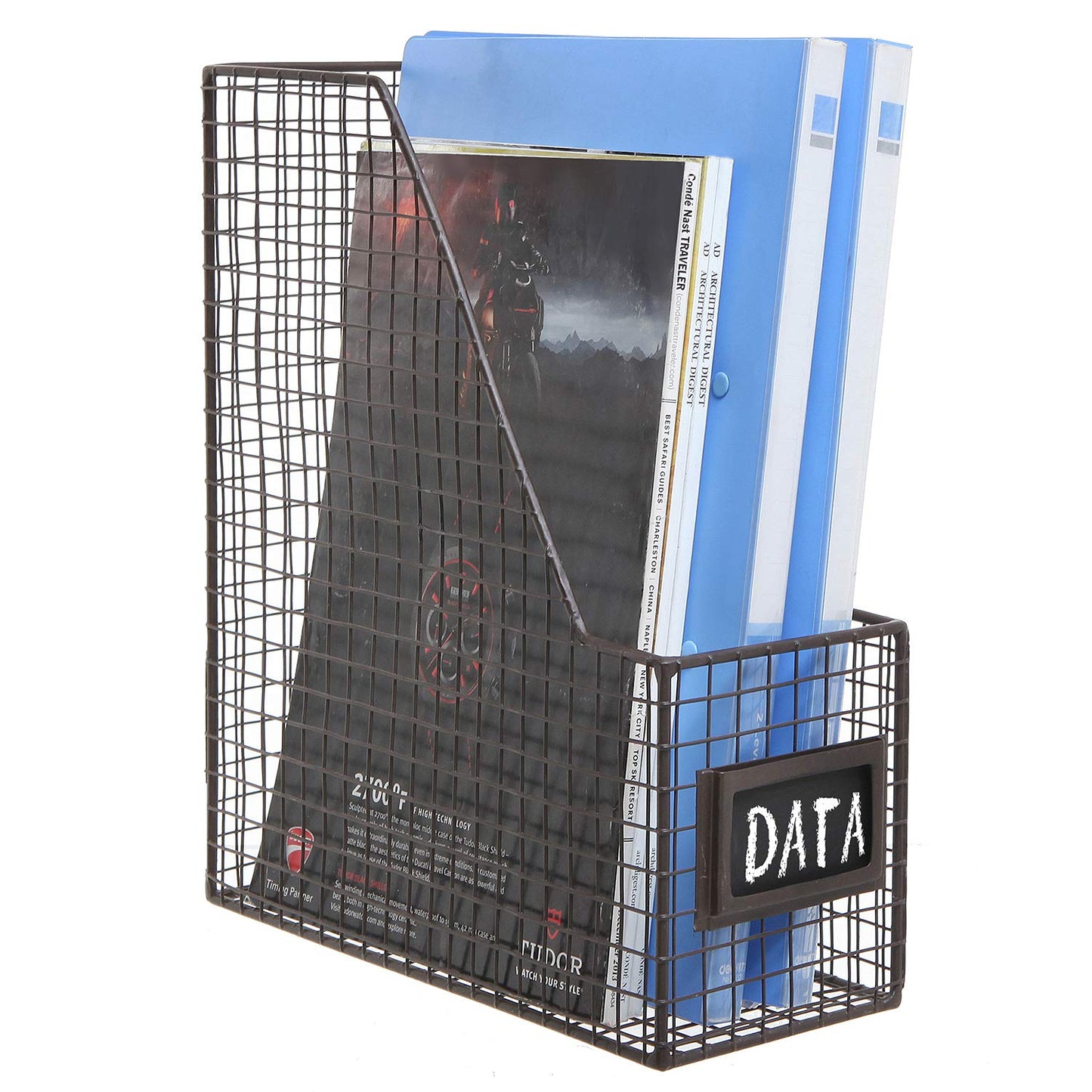 MyGift Wire Magazine Holder Set of 2, Brown File Storage Bin with Label