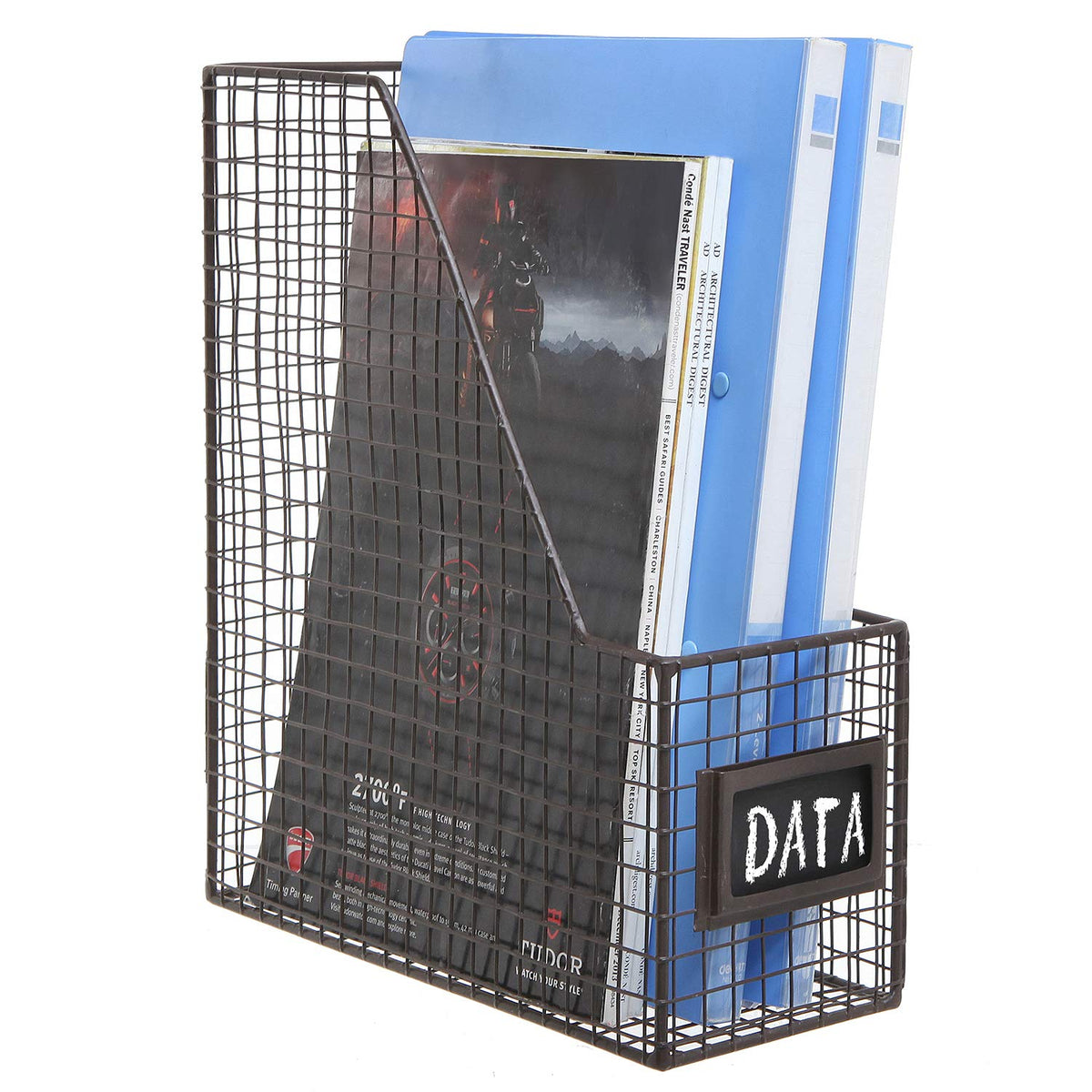 MyGift Wire Magazine Holder Set of 2, Brown File Storage Bin with Label