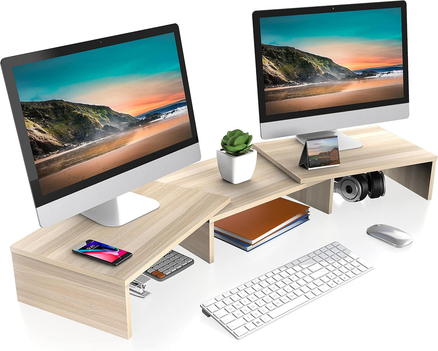 FITUEYES Dual Monitor Stand Riser, Adjustable Length and Angle, Oak