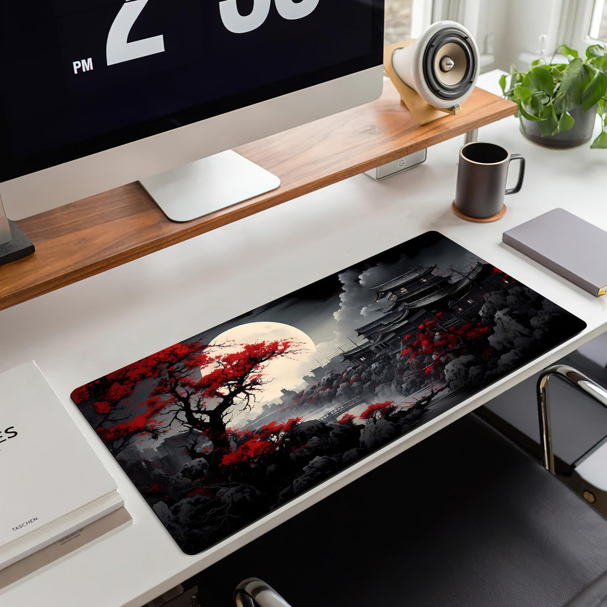 Riverside Full Moon Desk Mat Japanese Desk Pad Black Red Large Mouse Pad Gaming Mousepad Extended