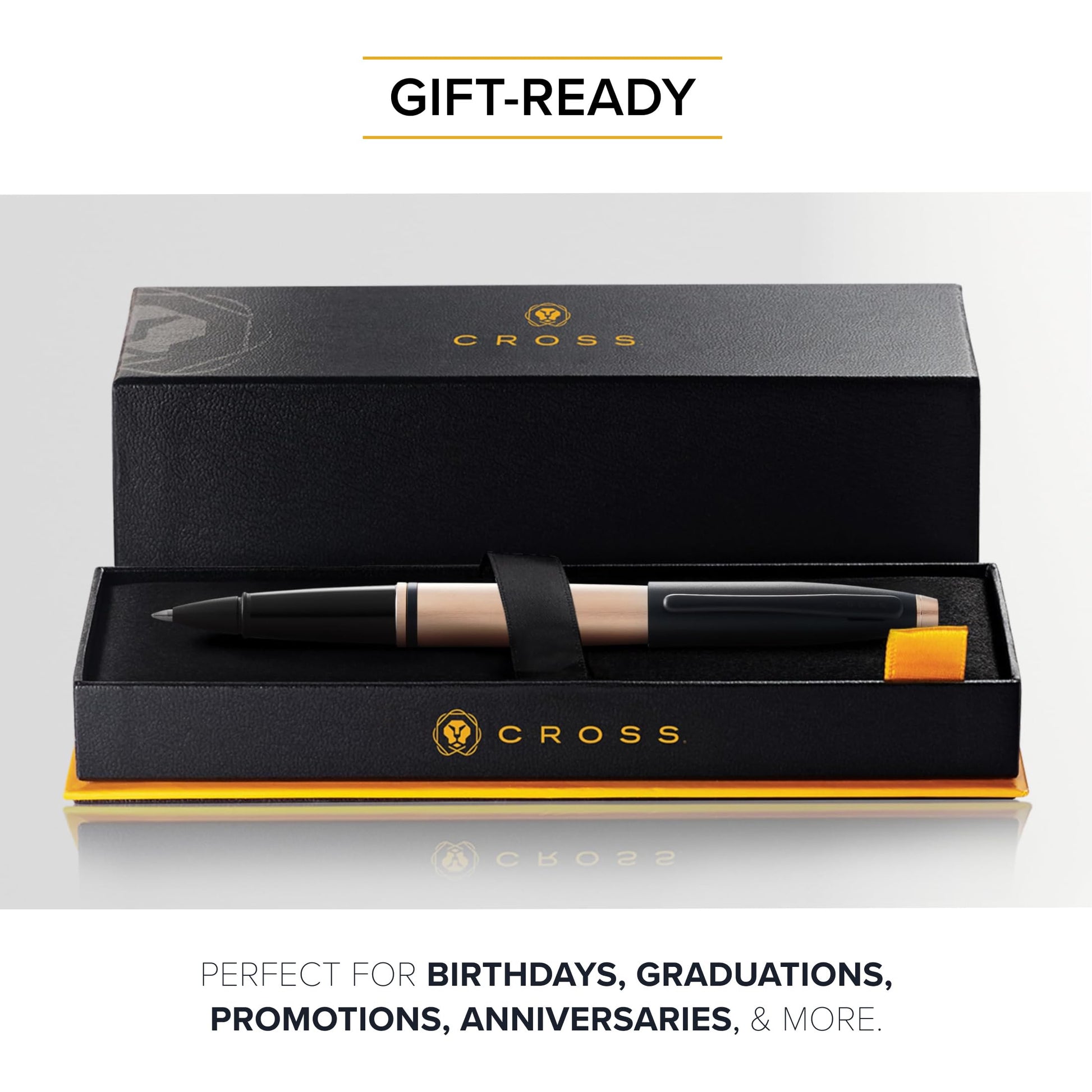 Cross Calais Rollerball Pen, Brushed Rose Gold & Black Lacquer, Black Ink