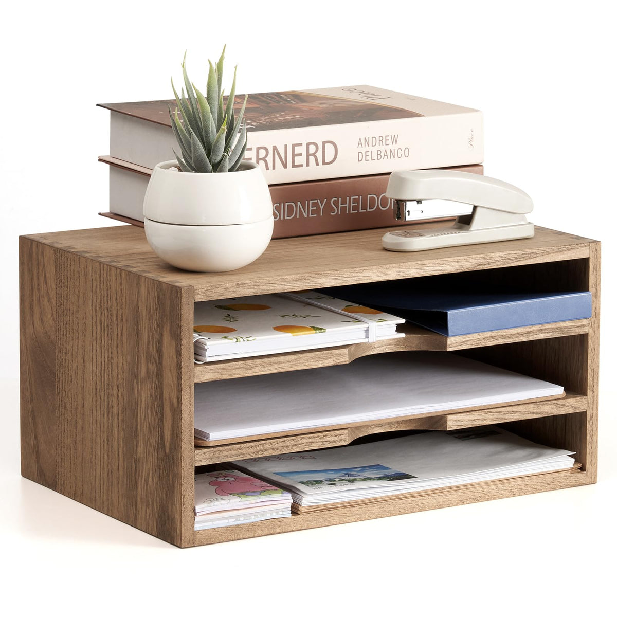 KIRIGEN Wooden Desk Organizer 3-Tier Letter Tray and Paper Sorter, Brown
