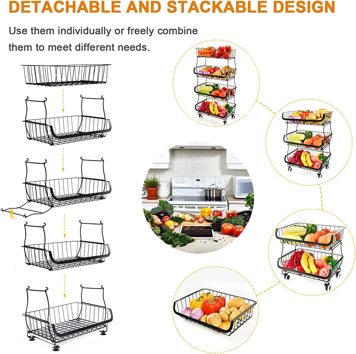 Piggy-G Fruit Vegetable Storage Basket with Wheels Kitchen Rack 6-Tier Stackable Floor-Standing