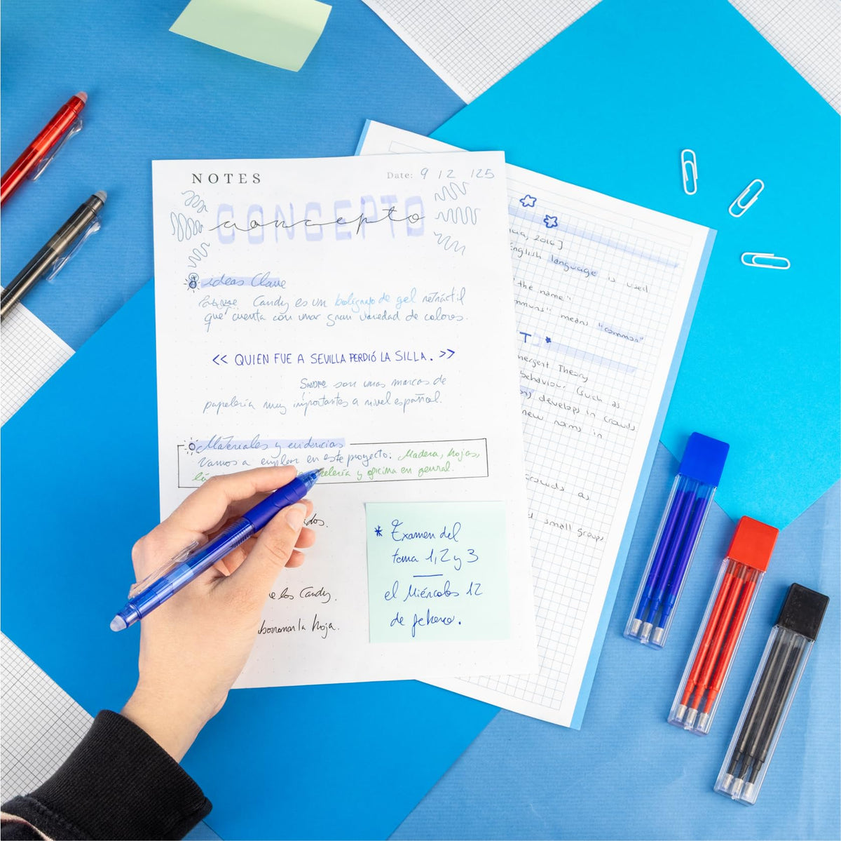RAYLU PAPER® - Pack of 4 Retractable Erasable Pens and 3 Refills, with Hybrid Gel Ink, Blue and