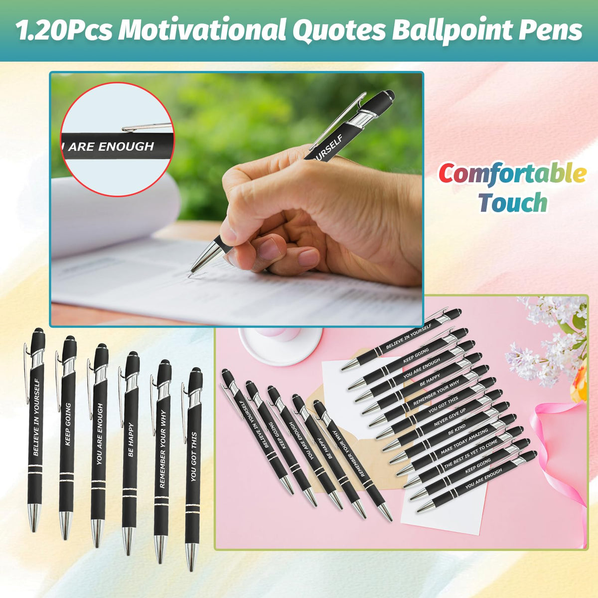 40 Piece Inspirational Pens Kit with Stylus Tip & Sayings – 20 Motivational Pen + 20 Individual
