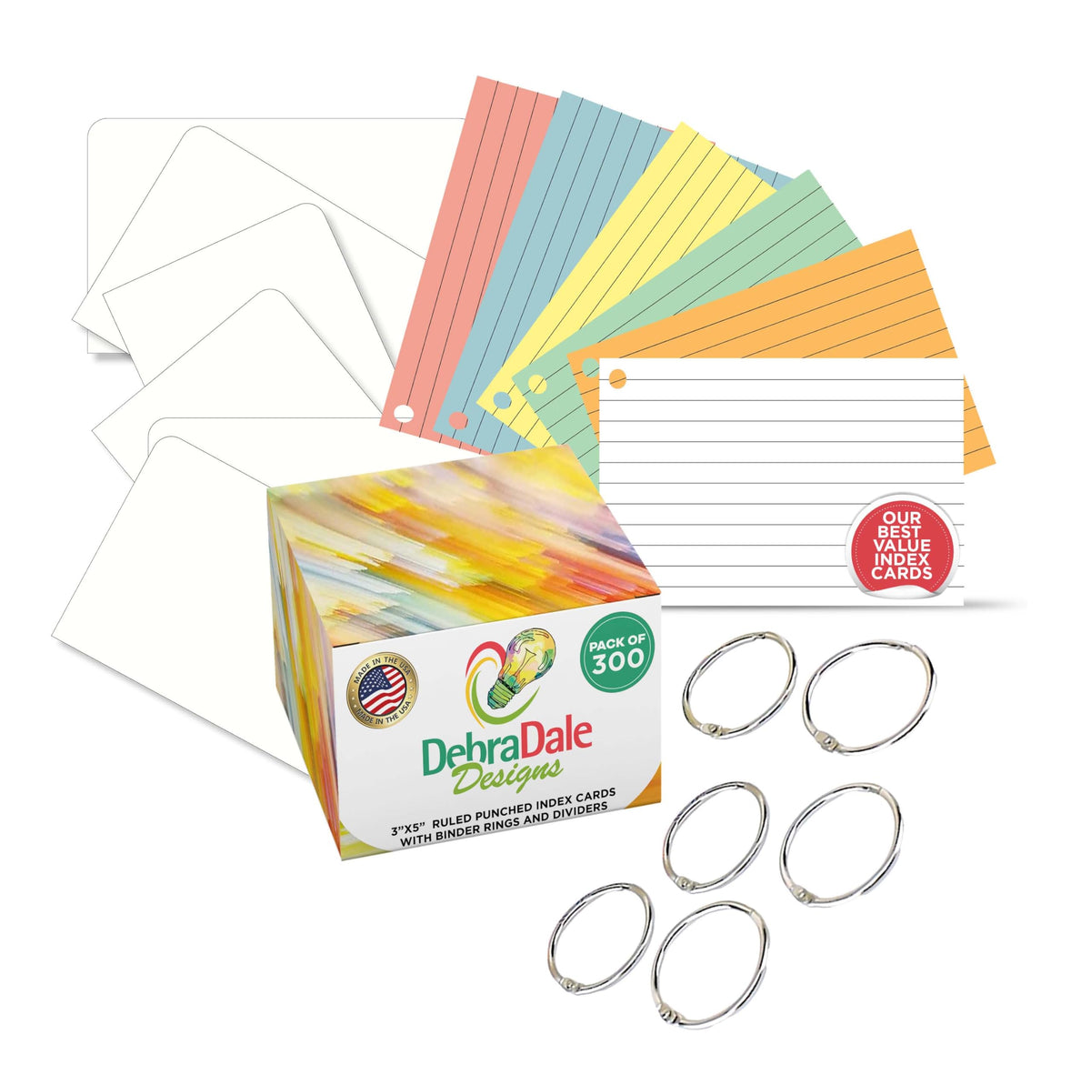 Made in USA – Debra Dale Designs Ruled Note Cards with Rings – 300-Pack 3"x5" – 6 Pastel Colors