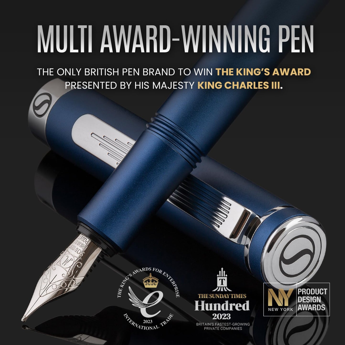 Scriveiner Luxury EDC Fountain Pen (Medium), Stunning Matt Blue Pocket Pen, Chrome Finish, Schmidt