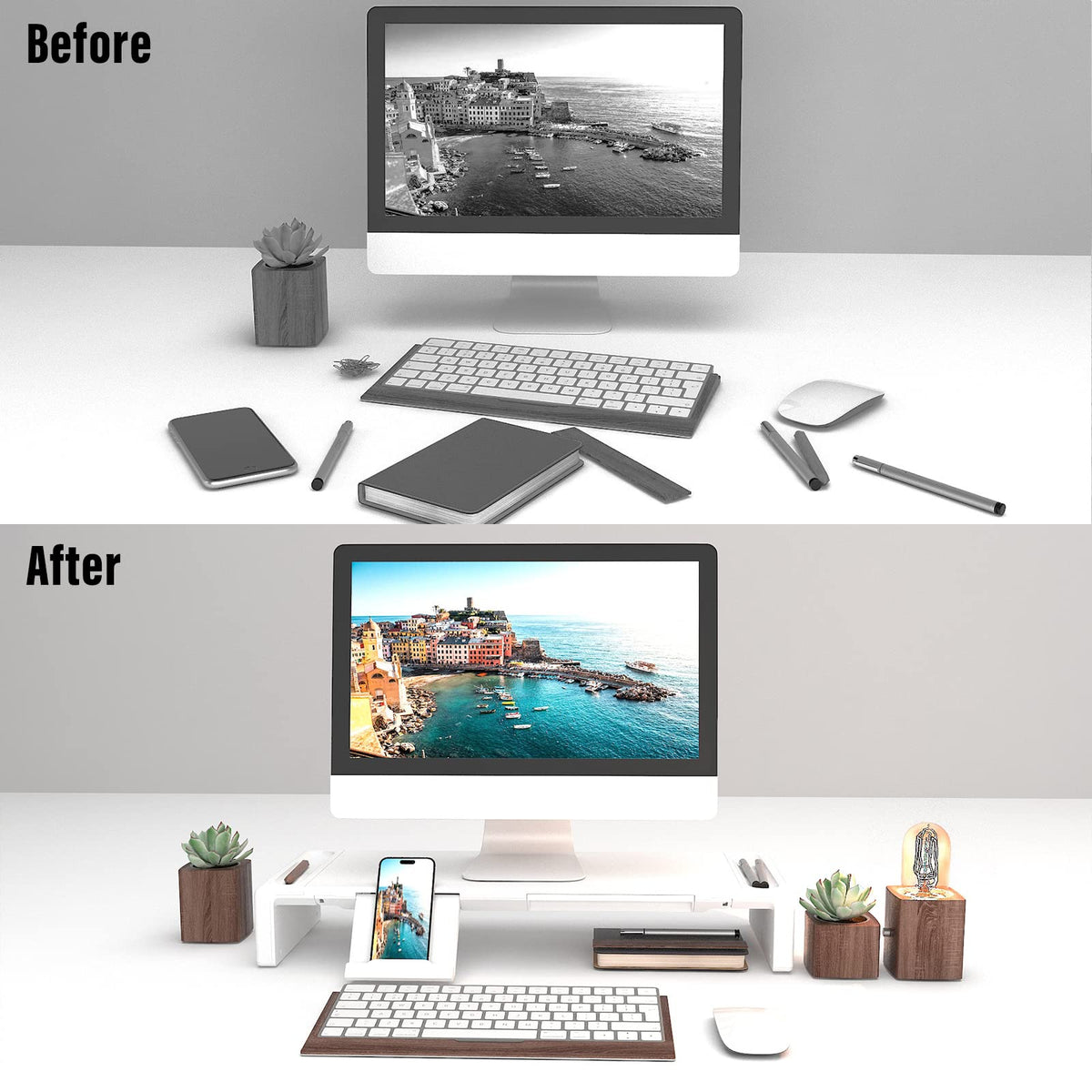 Monitor Stand Riser with Drawer & Phone Holder, Foldable Desk Organizer
