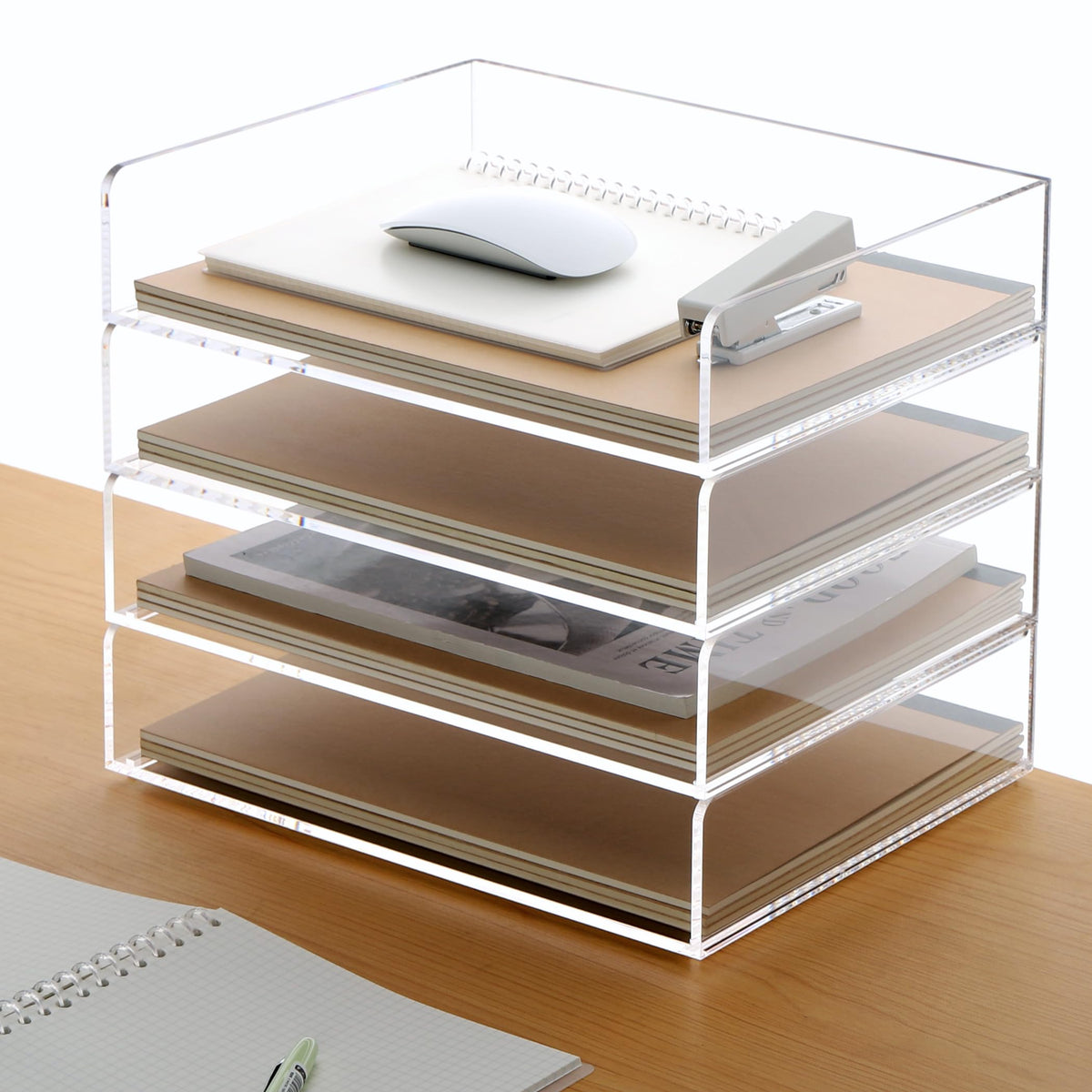 Acrylic Paper Tray, 4 Tier Paper Organizer for Desk, Clear Acrylic Desk Organizers, Stackable