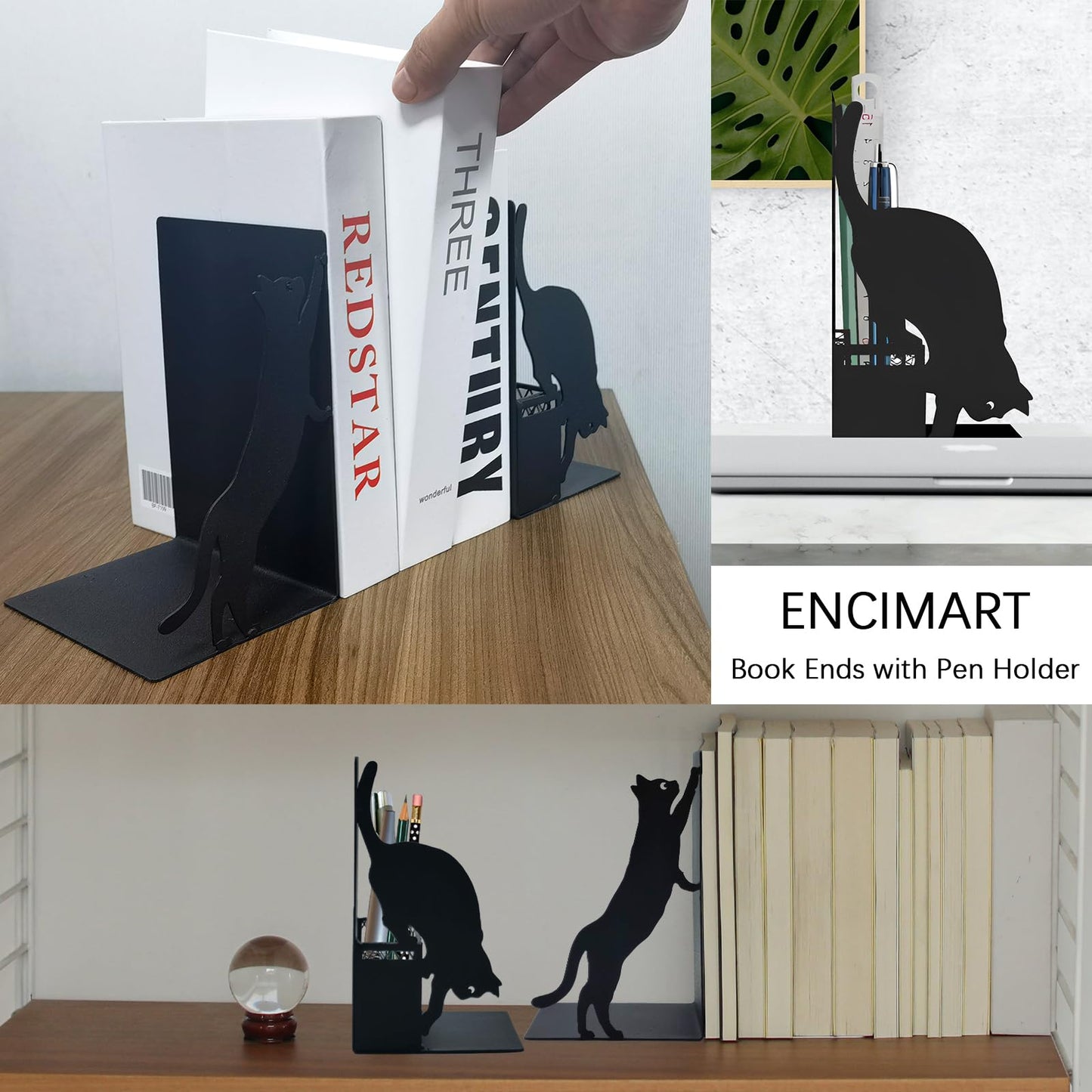 Cat Metal Bookends with Pen Holder, Cute Book Ends for Shelves Decorative