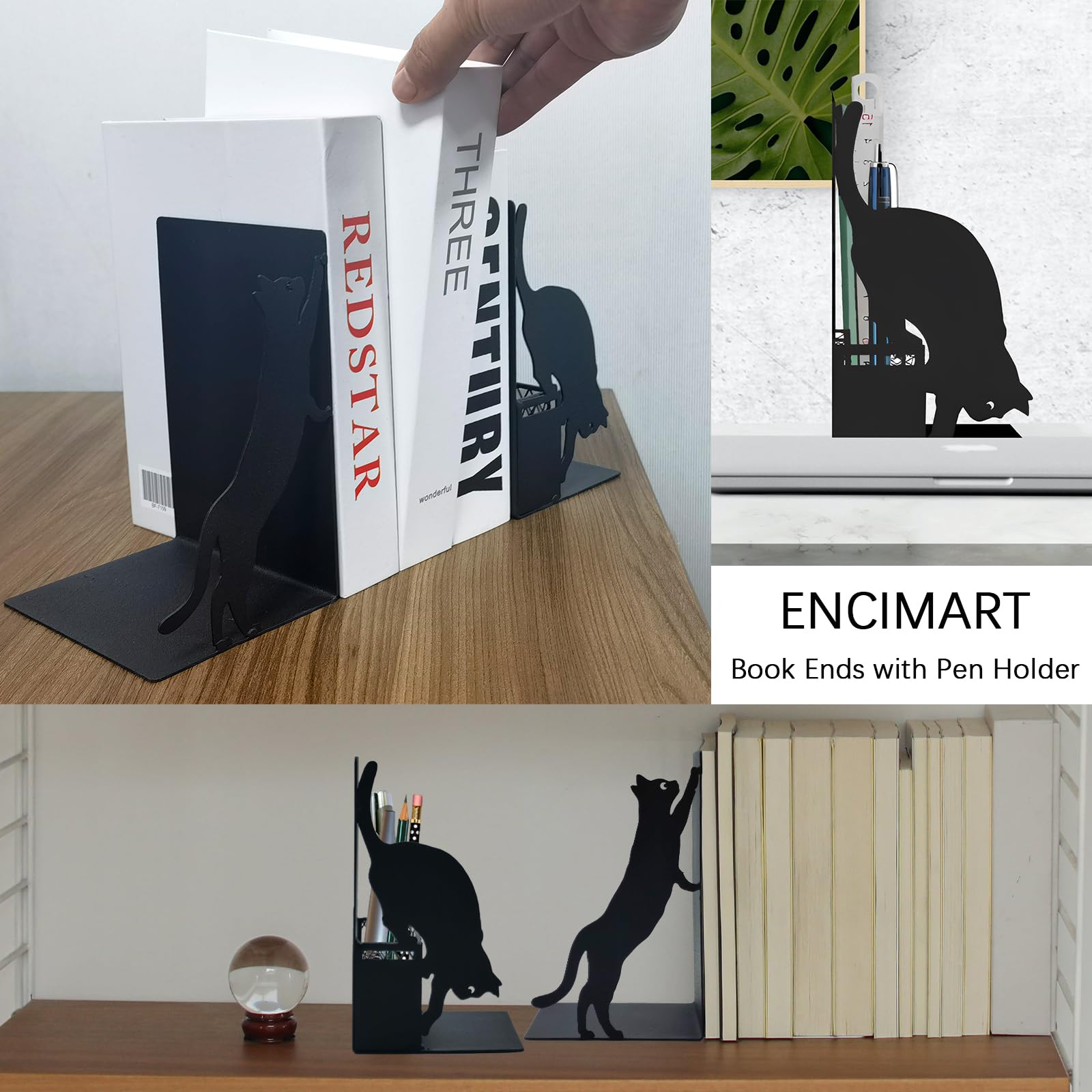 Cat Metal Bookends with Pen Holder, Cute Book Ends for Shelves Decorative