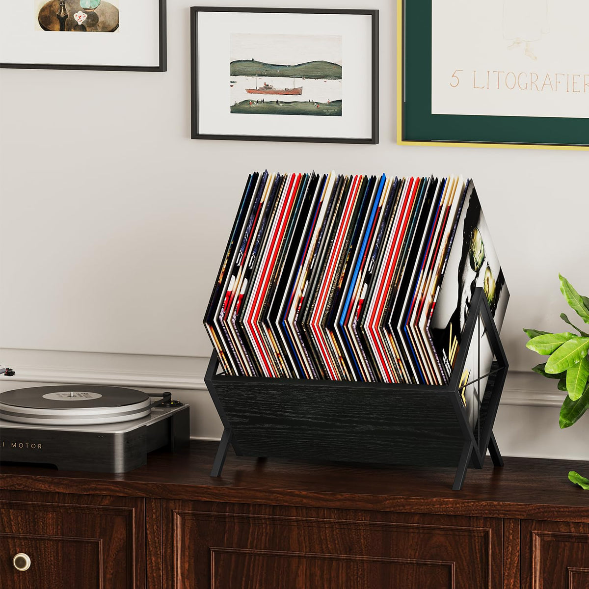 YINMIT Vinyl Record Holder - 80-100 LP Vinyl Record Storage Rack, Quick Assembly Display, Retro