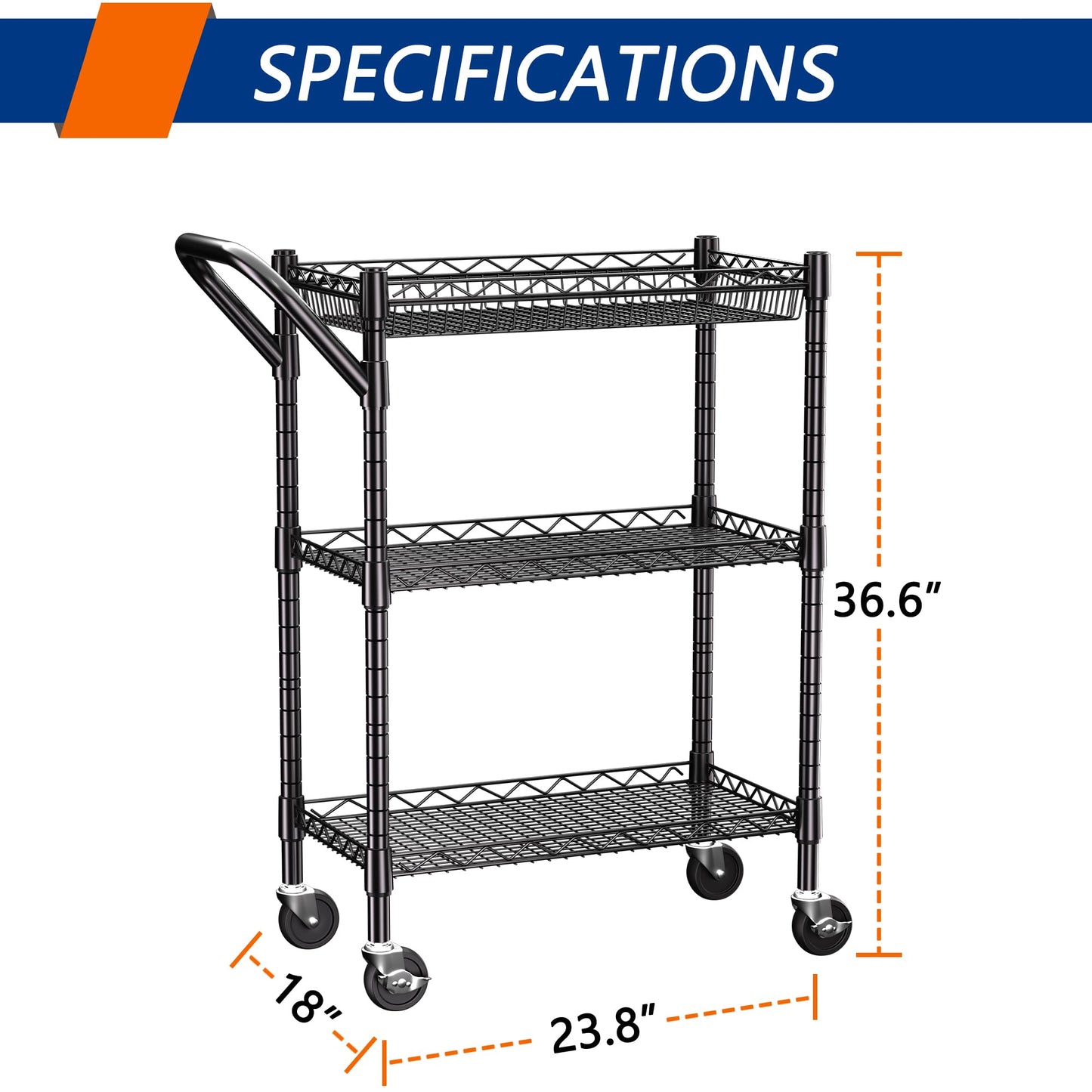 3 Tier Heavy Duty Rolling Utility Cart,18" D x 23.8" W x 36.6" H Rolling Carts with