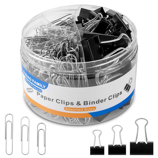 FUDAO FAMILY Paper Clips & Binder Clips, 340 PCS Assorted Sizes, Silver & Black, Metal, Medium