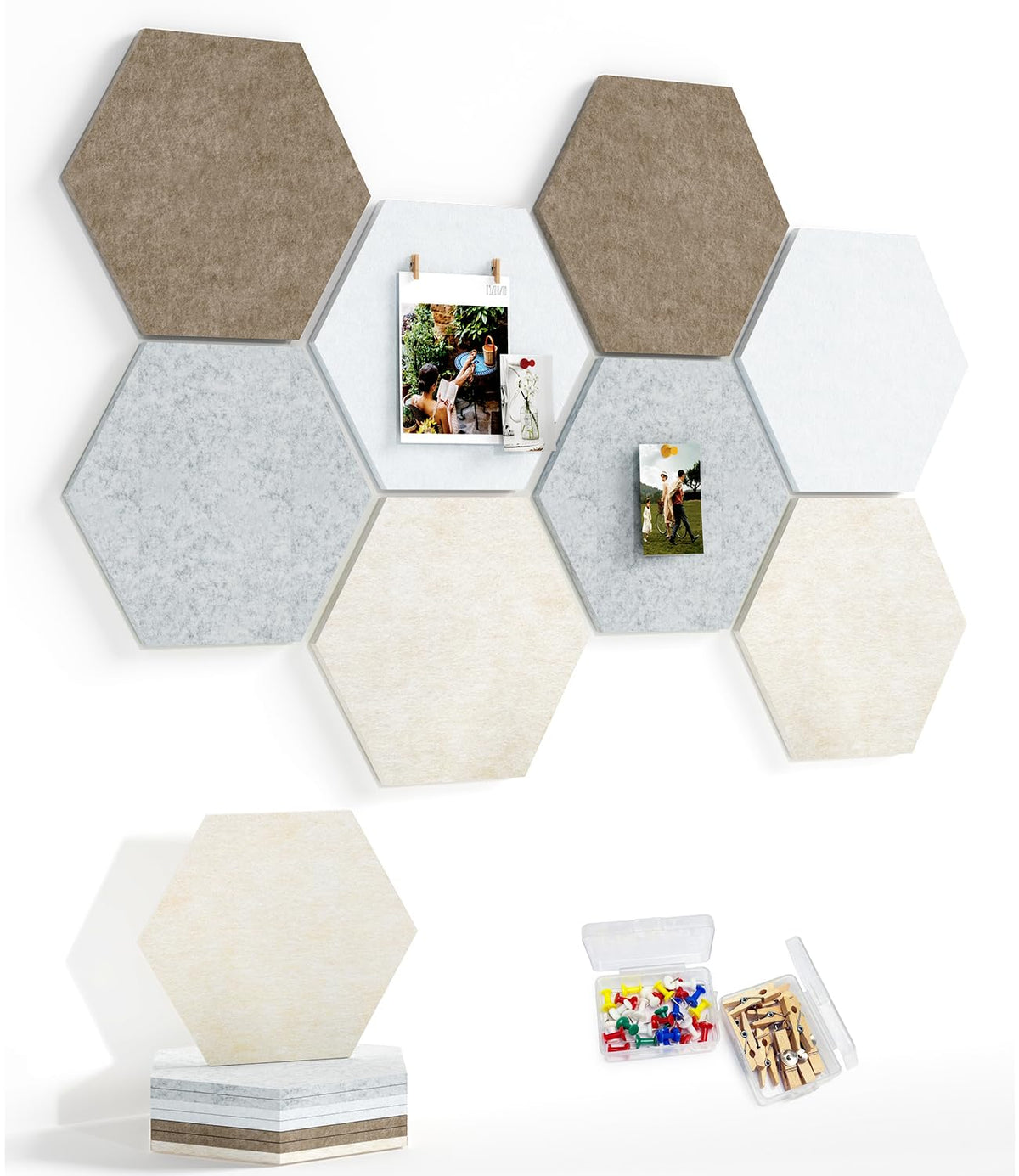 Uoisaiko 8 Pack Hexagon Felt Bulletin Board Tiles - 12" Large Thick Pin Board for Walls with 30