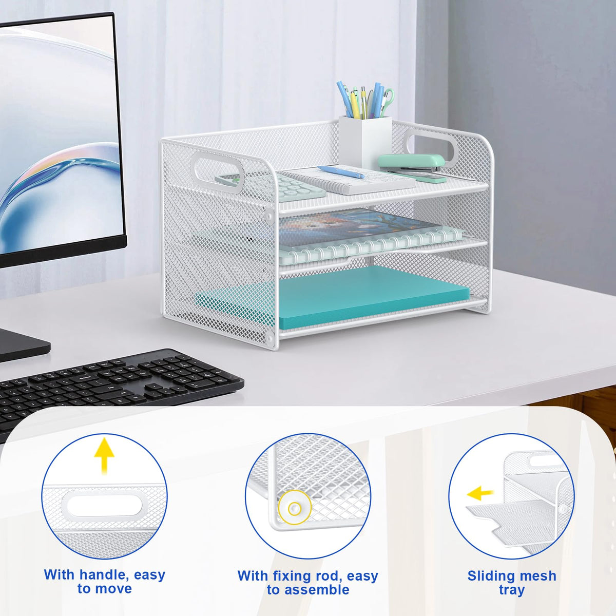 Samstar 3 Tier White Letter Tray Paper Organizer with Handle, Mesh Desk Organizer Paper Sorter File