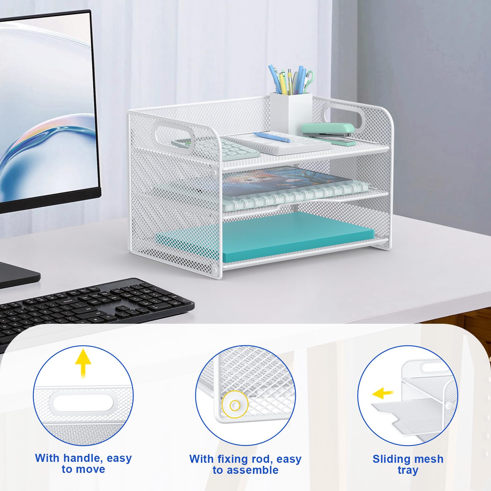 Samstar 3 Tier White Letter Tray Paper Organizer with Handle, Mesh Desk Organizer Paper Sorter File