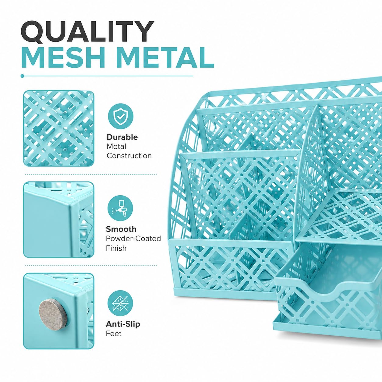 Exerz Mesh Desk Organizer 7 Compartments Metal Pen Holder Office Turquoise