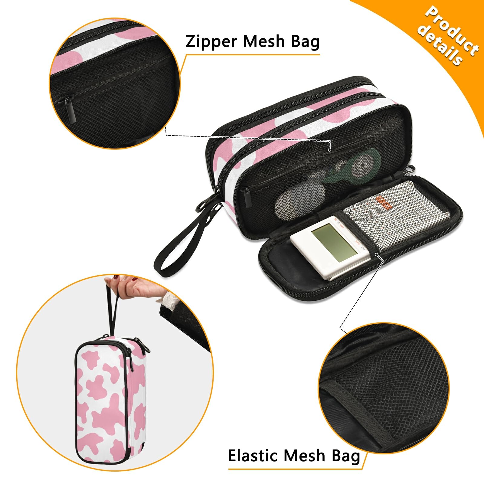 Sletend Pencil Case Pink Milk Cow Print 3 Compartments Pencil Pouch