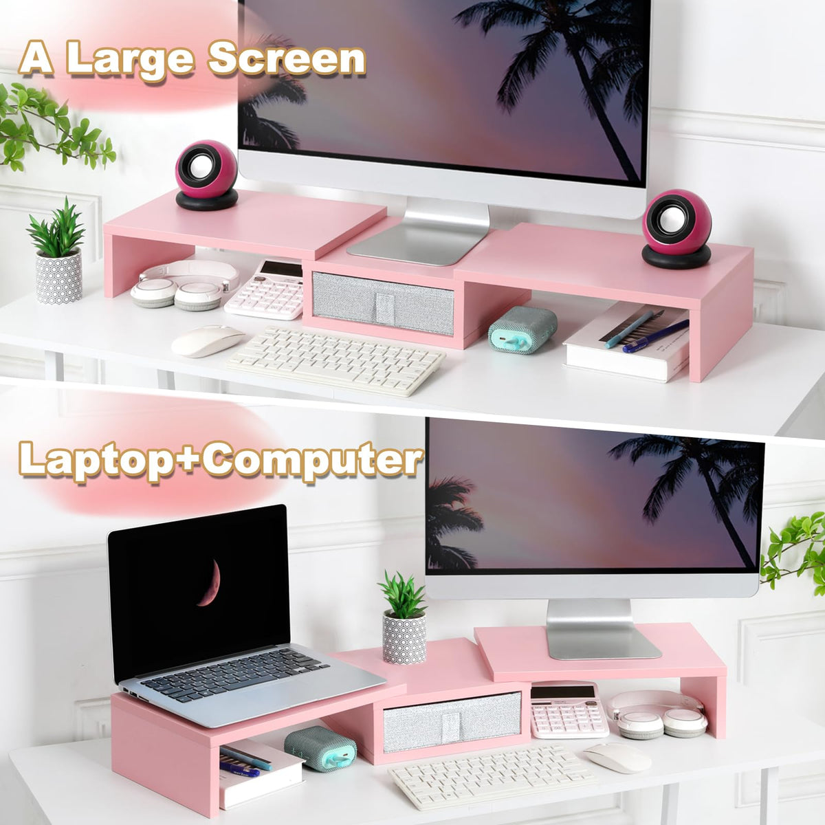 TEAMIX Pink Dual Monitor Stand Riser with Drawer - Length and Angle Adjustable Double Corner Desk
