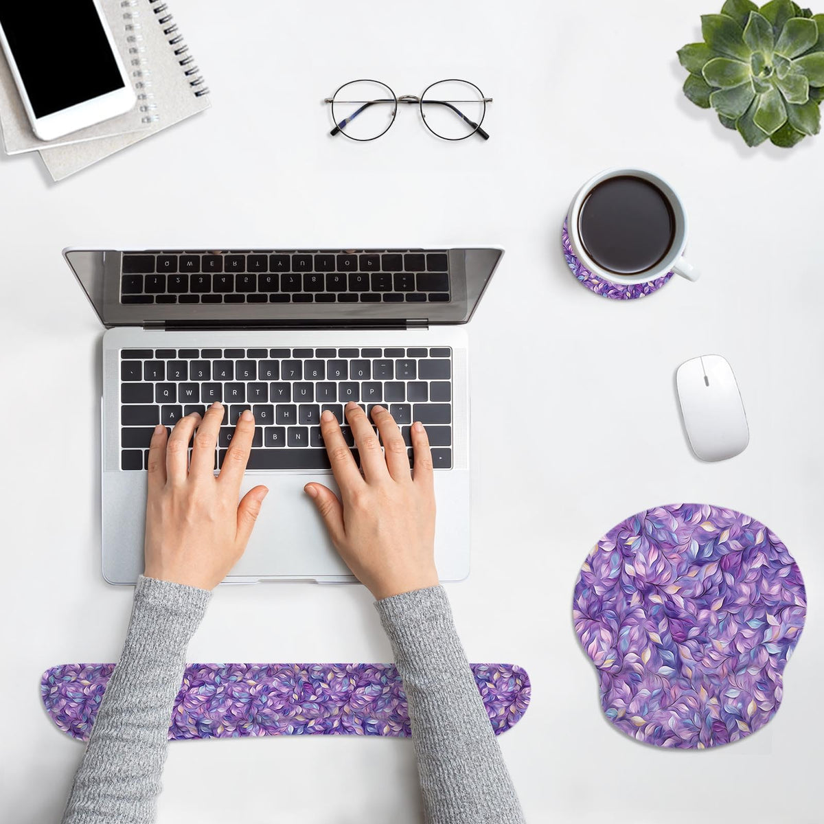 Britimes Ergonomic Mouse Pad Set with Wrist Rest, Purple Leaves