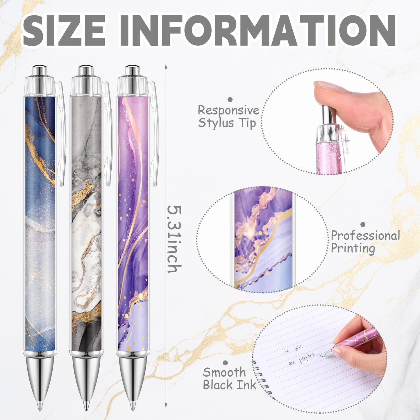 TecUnite 30 Pcs Marble Ballpoint Pens for Women 1.00 mm Cute Black Ink Fancy Pens Fine Point Smooth