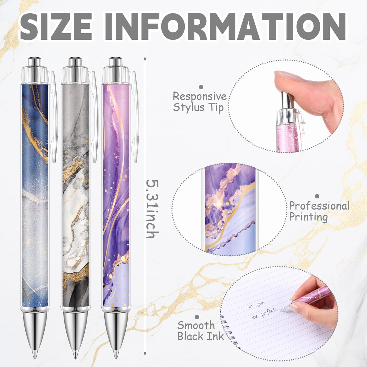 TecUnite 30 Pcs Marble Ballpoint Pens for Women 1.00 mm Cute Black Ink Fancy Pens Fine Point Smooth
